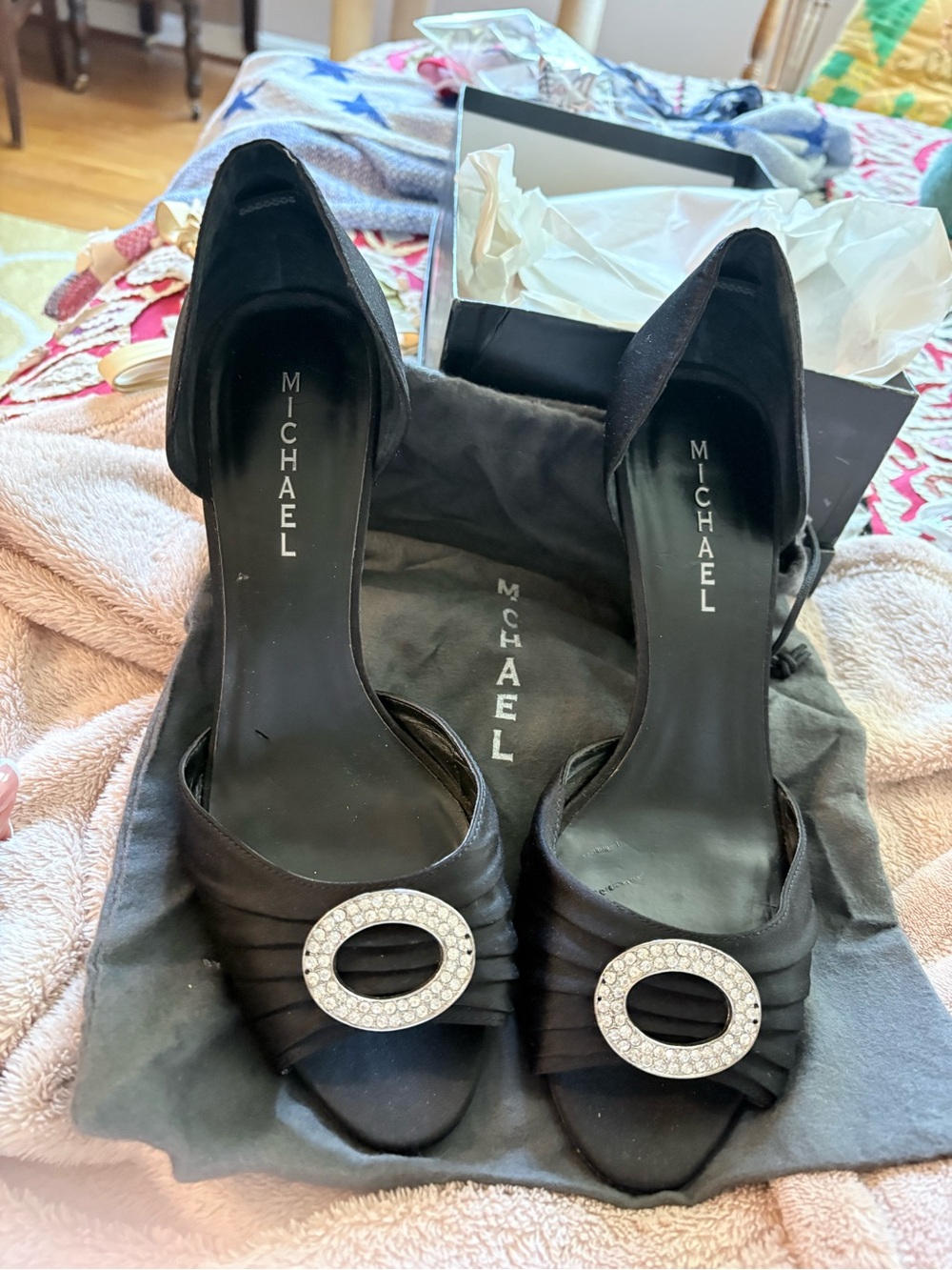 Michaels Black Satin Open-Toe Heels with Crystal Circle Accent